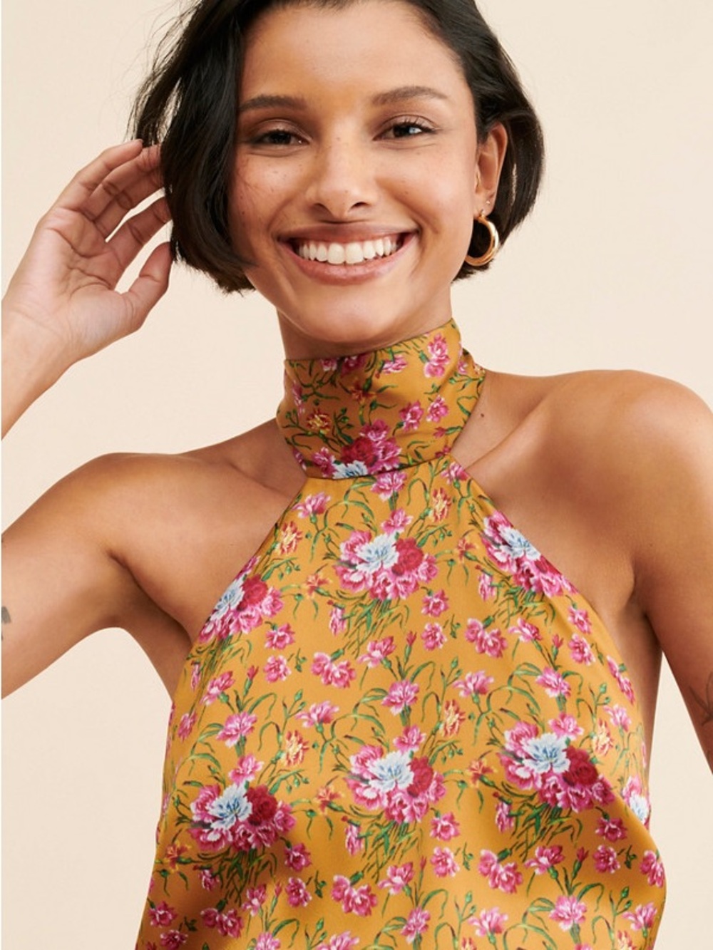 LoveShackFancy Mustard Floral Halter Crop Top - Picture 3 of 3